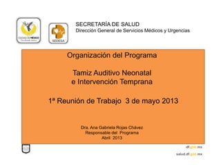 SECRETARÍA DE SALUD
Dirección General de Servicios Médicos y Urgencias
df.gob.mx
salud.df.gob.mx
1ª Reunión de Trabajo 3 de mayo 2013
 