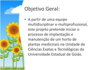 Objetivo Geral:
• A partir de uma equipe
multidisciplinar e multiprofissional,
este projeto pretende iniciar o
processo de implantação e
manutenção de um horto de
plantas medicinais na Unidade de
Ciências Exatas e Tecnológicas da
Universidade Estadual de Goiás.

 