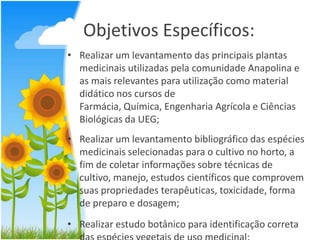 Objetivos Específicos:
• Realizar um levantamento das principais plantas
medicinais utilizadas pela comunidade Anapolina e
as mais relevantes para utilização como material
didático nos cursos de
Farmácia, Química, Engenharia Agrícola e Ciências
Biológicas da UEG;
• Realizar um levantamento bibliográfico das espécies
medicinais selecionadas para o cultivo no horto, a
fim de coletar informações sobre técnicas de
cultivo, manejo, estudos científicos que comprovem
suas propriedades terapêuticas, toxicidade, forma
de preparo e dosagem;
• Realizar estudo botânico para identificação correta

 