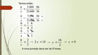 Temos então:
36
96
600
21
400
5
6


x
3
8
4
1
6


x
3
2
6

x
18
2 
 x
2
18

 x 9

 x
A nova jornada deve ser de 9 horas.
 