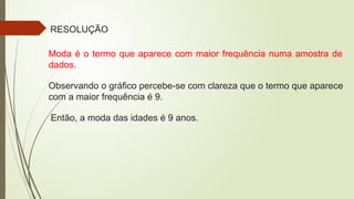 RESOLUÇÃO
Moda é o termo que aparece com maior frequência numa amostra de
dados.
Observando o gráfico percebe-se com clareza que o termo que aparece
com a maior frequência é 9.
Então, a moda das idades é 9 anos.
 