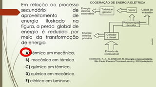 Em relação ao processo
secundário de
aproveitamento de
energia ilustrado na
figura, a perda global de
energia é reduzida por
meio da transformação
de energia
A) térmica em mecânica.
B) mecânica em térmica.
C) química em térmica.
D) química em mecânica.
E) elétrica em luminosa.
 
