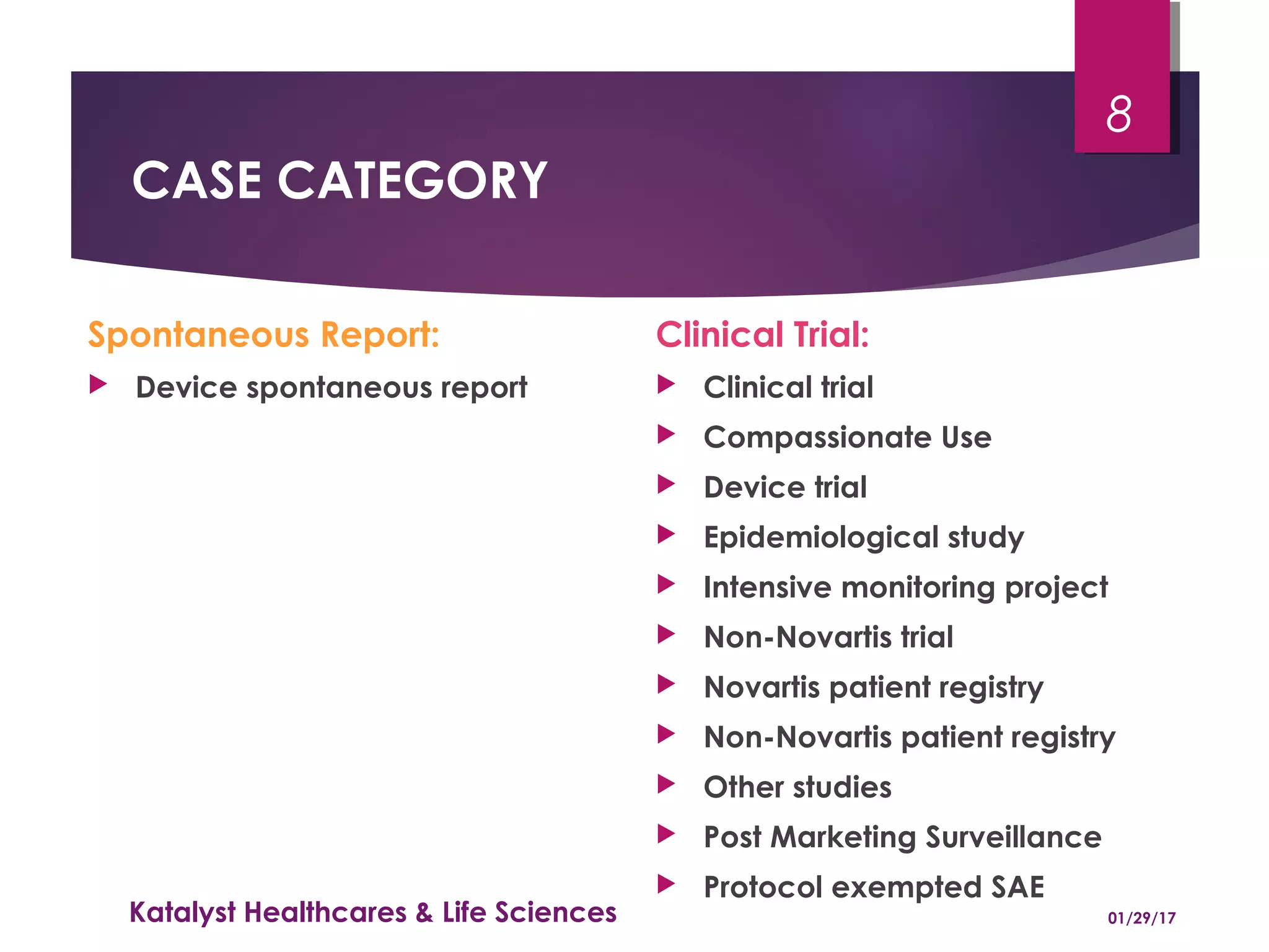 CASE CATEGORY
Spontaneous Report:
 Device spontaneous report
Clinical Trial:
 Clinical trial
 Compassionate Use
 Device trial
 Epidemiological study
 Intensive monitoring project
 Non-Novartis trial
 Novartis patient registry
 Non-Novartis patient registry
 Other studies
 Post Marketing Surveillance
 Protocol exempted SAE
01/29/17Katalyst Healthcares & Life Sciences
8
 
