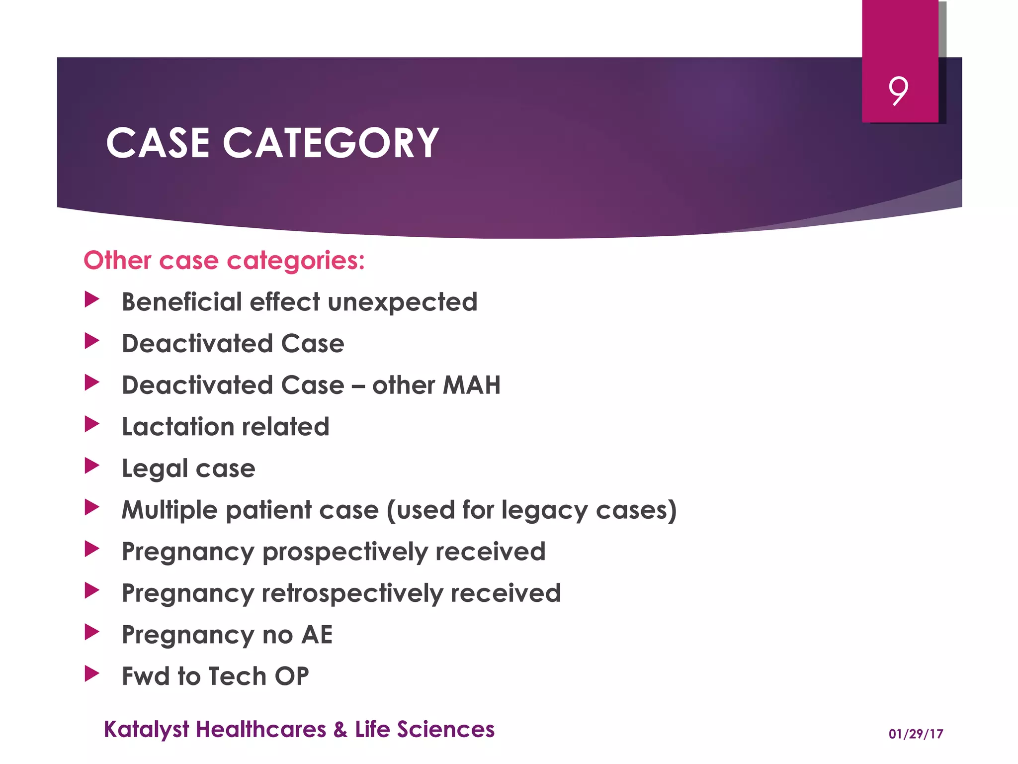 CASE CATEGORY
Other case categories:
 Beneficial effect unexpected
 Deactivated Case
 Deactivated Case – other MAH
 Lactation related
 Legal case
 Multiple patient case (used for legacy cases)
 Pregnancy prospectively received
 Pregnancy retrospectively received
 Pregnancy no AE
 Fwd to Tech OP
01/29/17Katalyst Healthcares & Life Sciences
9
 