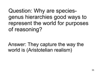 Question: Why are species-
genus hierarchies good ways to
represent the world for purposes
of reasoning?

Answer: They capture the way the
world is (Aristotelian realism)


                                   35
 