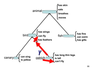 From Species to Genera



                                                       has skin
                                                        eats
                     animal
                                                        breathes
                                                        moves




                        has wings
                                                                          has fins
          bird          can fly                        fish               can swim
                        has feathers                                      has gills




         can sing
                        y                            has long thin legs
canary                 ostrich                       is tall
         is yellow
                                                     can‘t fly

                                                                                  86
 