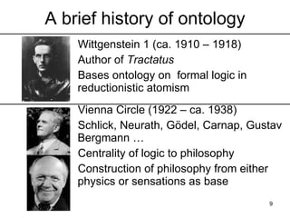 A brief history of ontology
    Wittgenstein 1 (ca. 1910 – 1918)
    Author of Tractatus
    Bases ontology on formal logic in
    reductionistic atomism

    Vienna Circle (1922 – ca. 1938)
    Schlick, Neurath, Gödel, Carnap, Gustav
    Bergmann …
    Centrality of logic to philosophy
    Construction of philosophy from either
    physics or sensations as base
                                        9
 