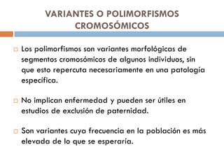 VARIANTES O POLIMORFISMOS
CROMOSÓMICOS
 Los polimorfismos son variantes morfológicas de
segmentos cromosómicos de algunos individuos, sin
que esto repercuta necesariamente en una patología
específica.
 No implican enfermedad y pueden ser útiles en
estudios de exclusión de paternidad.
 Son variantes cuya frecuencia en la población es más
elevada de lo que se esperaría.
 