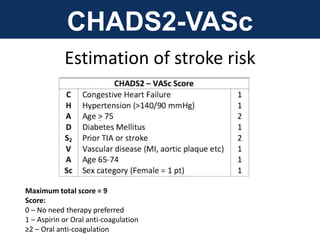 CHADS2-VASc
Estimation of stroke risk
Maximum total score = 9
Score:
0 – No need therapy preferred
1 – Aspirin or Oral anti-coagulation
≥2 – Oral anti-coagulation
 