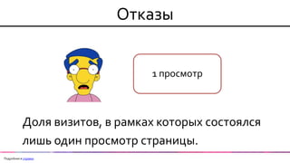 Отказы 
Доля визитов, в рамках которых состоялся 
лишь один просмотр страницы. 
Подробнее в справке 
1 просмотр  