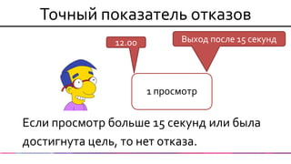 Точный показатель отказов 
Если просмотр больше 15 секунд или была 
достигнута цель, то нет отказа. 
1 просмотр 
12.00 
Выход после 15 секунд  