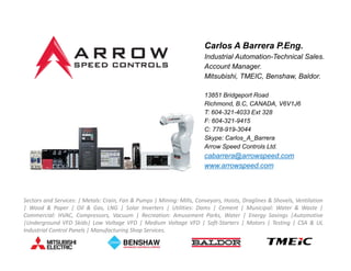 Carlos A Barrera P.Eng.
Industrial Automation-Technical Sales.
Account Manager.
Mitsubishi, TMEIC, Benshaw, Baldor.
13851 Bridgeport Road
Richmond, B.C, CANADA, V6V1J6
T: 604-321-4033 Ext 328
F: 604-321-9415
C: 778-919-3044
Skype: Carlos_A_Barrera
Arrow Speed Controls Ltd.
cabarrera@arrowspeed.com
www.arrowspeed.com
Sectors and Services: | Metals: Crain, Fan & Pumps | Mining: Mills, Conveyors, Hoists, Draglines & Shovels, Ventilation
| Wood & Paper | Oil & Gas, LNG | Solar Inverters | Utilities: Dams | Cement | Municipal: Water & Waste |
Commercial: HVAC, Compressors, Vacuum | Recreation: Amusement Parks, Water | Energy Savings |Automotive
|Underground VFD Skids| Low Voltage VFD | Medium Voltage VFD | Soft-Starters | Motors | Testing | CSA & UL
Industrial Control Panels | Manufacturing Shop Services.
 