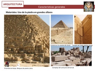 Características generales
ARQUITECTURA
Materiales: Uso de la piedra en grandes sillares
Pirámide de Keops. Bloques de piedra caliza
Cantera en la meseta de Guiza
Complejo del santuario de Karnak
Templo del Valle. Kefrén. Guiza
 