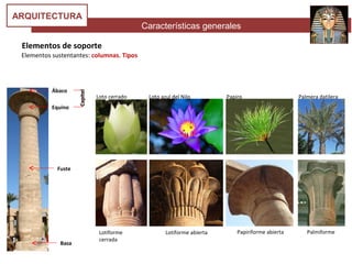 Características generales
ARQUITECTURA
Elementos de soporte
Elementos sustentantes: columnas. Tipos
Ábaco
Equino
Fuste
Basa
Loto cerrado Loto azul del Nilo Papiro Palmera datilera
Lotiforme
cerrada
Lotiforme abierta Papiriforme abierta
Loto cerrado
Palmiforme
Capitel
 