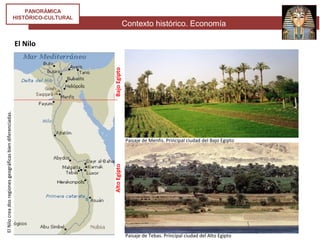 Contexto histórico. Economía
PANORÁMICA
HISTÓRICO-CULTURAL
El Nilo
AltoEgiptoBajoEgipto
ElNilocreadosregionesgeográficasbiendiferenciadas.
Paisaje de Tebas. Principal ciudad del Alto Egipto
Paisaje de Menfis. Principal ciudad del Bajo Egipto
 