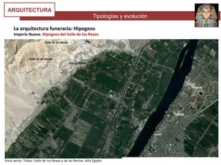 Tipologías y evolución
ARQUITECTURA
La arquitectura funeraria: Hipogeos
Imperio Nuevo. Hipogeos del Valle de los Reyes
Vista aérea. Tebas: Valle de los Reyes y de las Reinas. Alto Egipto
Valle de los Reyes
Valle de las Reinas
Tebas
Dair el Bahari
Karnak
Luxor
 