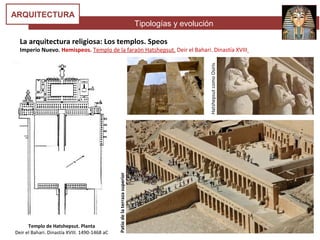 Tipologías y evolución
ARQUITECTURA
La arquitectura religiosa: Los templos. Speos
Imperio Nuevo. Hemispeos. Templo de la faraón Hatshepsut. Deir el Bahari. Dinastía XVIII
Templo de Hatshepsut. Planta
Deir el Bahari. Dinastía XVIII. 1490-1468 aC
Patiodelaterrazasuperior
HatshepsutcomoOsiris
 