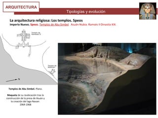 Tipologías y evolución
ARQUITECTURA
La arquitectura religiosa: Los templos. Speos
Imperio Nuevo. Speos. Templos de Abu Simbel. Asuán-Nubia. Ramsés II Dinastía XIX.
Templos de Abu Simbel. Plano.
Maqueta de su reubicación tras la
construcción de la presa de Asuán y
la creación del lago Nasser.
1964-1968
 