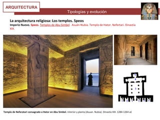 Tipologías y evolución
ARQUITECTURA
La arquitectura religiosa: Los templos. Speos
Imperio Nuevo. Speos. Templos de Abu Simbel. Asuán-Nubia. Templo de Hator. Nefertari. Dinastía
XIX.
Templo de Neferatari consagrado a Hator en Abu Simbel. Interior y planta (Asuan. Nubia). Dinastía XIX. 1284-1264 aC
 