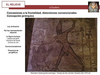 La Escultura
EL RELIEVE
Concesiones a la frontalidad, distorsiones convencionales
Concepción jerárquica
Ley Jerárquica
No hay representación
espacial
La figura humana
cabeza de perfil
Hombros de frente
Cintura en 3/4
Convencionalismos
Presencia de
jeroglíficos
Ramsés II destruyendo enemigos. Templo de Abu Simbel. Dinastía XIX.1270 aC
 