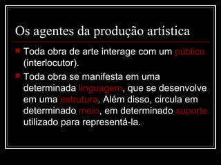 Os agentes da produção artística




Toda obra de arte interage com um público
(interlocutor).
Toda obra se manifesta em uma
determinada linguagem, que se desenvolve
em uma estrutura. Além disso, circula em
determinado meio, em determinado suporte
utilizado para representá-la.

 