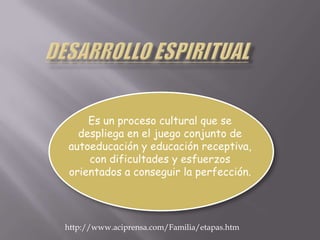 Es un proceso cultural que se
despliega en el juego conjunto de
autoeducación y educación receptiva,
con dificultades y esfuerzos
orientados a conseguir la perfección.
http://www.aciprensa.com/Familia/etapas.htm