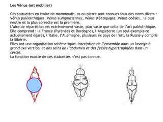 Les Vénus (art mobilier)
Ces statuettes en ivoire de mammouth, os ou pierre sont connues sous des noms divers :
Vénus paléolithiques, Vénus aurignaciennes, Vénus stéatopyges, Vénus obèses… la plus
neutre et la plus correcte est la première.
L’aire de répartition est extrêmement vaste, plus vaste que celle de l’art paléolithique.
Elle comprend : la France (Pyrénées et Dordogne), l’Angleterre (un seul exemplaire
actuellement égaré), l’Italie, l’Allemagne, plusieurs ex pays de l’est, la Russie y compris
la Sibérie.
Elles ont une organisation schématique: inscription de l’ensemble dans un losange à
grand axe vertical et des seins de l’abdomen et des fesses hypertrophiées dans un
cercle.
La fonction exacte de ces statuettes n’est pas connue.
 