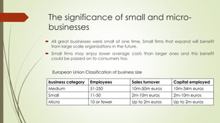 The significance of small and micro-
businesses
 All great businesses were small at one time. Small firms that expand will benefit
from large scale organisations in the future.
 Small firms may enjoy lower average costs than larger ones and this benefit
could be passed on to consumers too.
business category Employees Sales turnover Capital employed
Medium 51-250 10m-50m euros 10m-34m euros
Small 11-50 2m-10m euros 2m-10m euros
Micro 10 or fewer Up to 2m euros Up to 2m euros
European Union Classification of business size
 