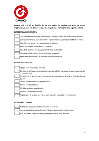 1
Ordenar del 1 al 20, en función de tus prioridades, las medidas que creas de mayor
importancia, siendo 1 la de mayor importancia y 20 la de menor prioridad según tu criterio.
DEMOCRACIA PARTICIPATIVA
Concejalía y reglamento de participación ciudadana elaborado de forma participativa.
Consejos sectoriales, verdaderamente representativos y con capacidad real de influir.
Asambleas de barrio y presupuestos participativos.
Revocatorio/ Moción de censura ciudadana.
Casa de la participación autogestionada o co-gestionada.
Democratización medios de comunicación locales CR.
Apertura a la ciudadanía de las instalaciones municipales.
Medidas anticorrupción:
Código Ético para cargos públicos.
Comisiones de Seguimiento de la contratación pública transparente y con presencia de
la sociedad civil.
Comisión de la Verdad para examinar los acontecimientos a lo largo de la legislatura
del PP.
Limitar los salarios de los cargos públicos.
Eliminar coches oficiales.
Medidas anti puertas giratorias.
Junta de Gobierno local plural.
Negociación de un acuerdo marco para todos los trabajadores municipales.
ECONOMÍA Y TRABAJO
Auditoría y reestructuración ciudadana de la deuda.
Remunicipalización de los Servicios Públicos: agua, jardines, alumbrado.
Plan de trabajo juvenil, mujeres y desempleados de larga duración.
 