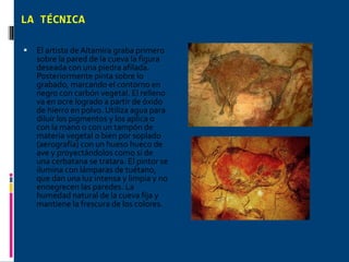 LA TÉCNICA El artista de Altamira graba primero sobre la pared de la cueva la figura deseada con una piedra afilada. Posteriormente pinta sobre lo grabado, marcando el contorno en negro con carbón vegetal. El relleno va en ocre logrado a partir de óxido de hierro en polvo. Utiliza agua para diluir los pigmentos y los aplica o con la mano o con un tampón de materia vegetal o bien por soplado (aerografía) con un hueso hueco de ave y proyectándolos como si de una cerbatana se tratara. El pintor se ilumina con lámparas de tuétano, que dan una luz intensa y limpia y no ennegrecen las paredes. La humedad natural de la cueva fija y mantiene la frescura de los colores. 