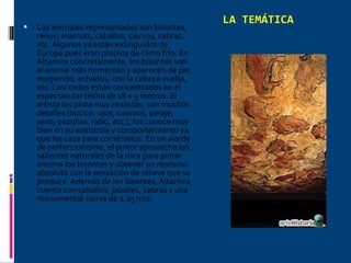 LA TEMÁTICA Los animales representados son bisontes, renos, mamuts, caballos, ciervos, cabras, etc. Algunos ya están extinguidos de Europa pues eran propios de clima frío. En Altamira concretamente, los bisontes son el animal más numeroso y aparecen de pie, mugiendo, echados, con la cabeza vuelta, etc. Casi todos están concentrados en el espectacular techo de 18 x 9 metros. El artista los pinta muy realistas, con muchos detalles (hocico, ojos, cuernos, pelaje, sexo, pezuñas, rabo, etc.), los conoce muy bien en su anatomía y comportamiento ya que los caza para comérselos. En un alarde de perfeccionismo, el pintor aprovecha los salientes naturales de la roca para pintar encima los bisontes y obtener un realismo absoluto con la sensación de relieve que se produce. Además de los bisontes, Altamira cuenta con caballos, jabalíes, cabras y una monumental cierva de 2,25 mts. 