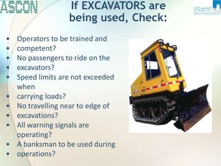 If EXCAVATORS are
being used, Check:
• Operators to be trained and
• competent?
• No passengers to ride on the
• excavators?
• Speed limits are not exceeded
when
• carrying loads?
• No travelling near to edge of
• excavations?
• All warning signals are
operating?
• A banksman to be used during
• operations?
 