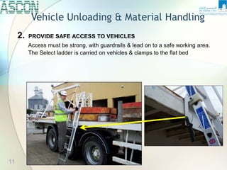 Vehicle Unloading & Material Handling
Access must be strong, with guardrails & lead on to a safe working area.
The Select ladder is carried on vehicles & clamps to the flat bed
2. PROVIDE SAFE ACCESS TO VEHICLES
11
 