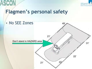 Flagmen’s personal safety
• No SEE Zones 49’
31’
22’
22’
21’
21’
Don’t stand in HAZARD area
 