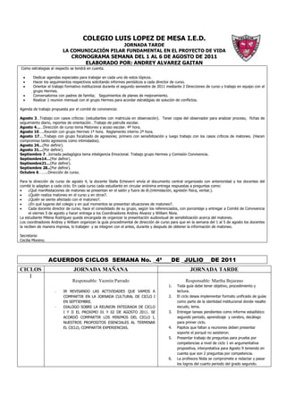 COLEGIO LUIS LOPEZ DE MESA I.E.D.
                                              JORNADA TARDE
                         LA COMUNICACIÓN PILAR FUNDAMENTAL EN EL PROYECTO DE VIDA
                              CRONOGRAMA SEMANA DEL 1 AL 6 DE AGOSTO DE 2011
                                  ELABORADO POR: ANDREY ALVAREZ GAITAN
Como estrategias al respecto se tendrá en cuenta.

 •     Dedicar agendas especiales para trabajar en cada uno de estos tópicos.
 •     Hacer los seguimientos respectivos solicitando informes periódicos a cada director de curso.
 •     Orientar el trabajo formativo institucional durante el segundo semestre de 2011 mediante 2 Direcciones de curso y trabajo en equipo con el
       grupo Hermes.
 •     Conversatorios con padres de familia; Seguimientos de planes de mejoramiento.
 •     Realizar 1 reunion mensual con el grupo Hermes para acordar estratégias de solución de conflictos.

Agenda de trabajo propuesta por el comité de convivencia:

Agosto 3…Trabajo con casos críticos: (estudiantes con matricula en observación). Tener copia del observador para analizar proceso, fichas de
seguimiento diario, reportes de orientación…Trabajo de patrulla escolar.
Agosto 4……Dirección de curso tema Matoneo y acoso escolar. 4ª hora.
Agosto 10…..Reunión con grupo Hermes 1ª hora. Reglamento interno 2ª hora.
Agosto 17....Trabajo con grupo focalizado de agresores; primero con sensibilización y luego trabajo con los casos críticos de matoneo. (Hacen
compromiso tanto agresores como intimidados).
Agosto 24…(Por definir).
Agosto 31…(Por definir).
Septiembre 7…Jornada pedagógica tema inteligencia Emocional. Trabajo grupo Hermes y Comisión Convivencia.
Septiembre14…(Por definir).
Septiembre21…(Por definir).
Septiembre 28..(Por definir).
Octubre 6……...Dirección de curso.

Para la dirección de curso de agosto 4, la docente Stella Echeverri envía el documento central organizado con anterioridad y los docentes del
comité lo adaptan a cada ciclo. En cada curso cada estudiante en circular anónima entrega respuestas a preguntas como:
•     ¿Qué manifestaciones de matoneo se presentan en el salón y fuera de él.(intimidación, agresión física, verbal.).
•     ¿Quién realiza matoneo en el curso y en otros?.
•     ¿Quién se siente afectado con el matoneo?.
•     ¿En qué lugares del colegio y en qué momentos se presentan situaciones de matoneo?.
•     Cada docente director de curso, hace el consolidado de su grupo, según los referenciados, con porcentaje y entregar a Comité de Convivencia
      el viernes 5 de agosto y hacer entrega a los Coordinadores Andrey Alvarez y William Nivia.
La estudiante Milena Rodríguez queda encargada de organizar la presentación audiovisual de sensibilización acerca del matoneo.
Los coordinadores Andrey y William organizan la guía procedimental de dirección de curso para que en la semana del 1 al 5 de agosto los docentes
la reciben de manera impresa, lo trabajen y se integren con el antes, durante y después de obtener la información de matoneo.

Secretaria:
Cecilia Moreno.




                  ACUERDOS CICLOS SEMANA No. _4ª                                         DE _JULIO               DE 2011
CICLOS                         JORNADA MAÑANA                                                       JORNADA TARDE
   I
                               Responsable: Yazmín Parrado                                        Responsable: Martha Bejarano
                                                                                        1.   Toda guía debe tener objetivo, procedimiento y
                    -    IR REVISANDO LAS ACTIVIDADES QUE VAMOS A                            lectura.
                         COMPARTIR EN LA JORNADA CULTURAL DE CICLO I                    2.   El ciclo desea implementar formato unificado de guías
                         EN SEPTIEMBRE.                                                      como parte de la identidad institucional donde resalte
                    -    DIALOGO SOBRE LA REUNION INTEGRADA DE CICLO                         escudo, lema.
                         I Y II EL PROXIMO 01 Y 02 DE AGOSTO 2011. SE                   3.   Entregar tareas pendientes como informe estadístico
                         ACORDÓ COMPARTIR LOS MINIMOS DEL CICLO I,                           segundo periodo, aprendizaje y cerebro, decálogo
                         NUESTROS PROPOSITOS ESENCIALES AL TERMINAR                          para primer ciclo.
                         EL CICLO, COMPARTIR EXPERIENCIAS.                              4.   Papitos que faltan a reuniones deben presentar
                                                                                             soporte el porqué no asistieron.
                                                                                        5.   Presentar trabajo de preguntas para prueba por
                                                                                             competencias a nivel de ciclo 1 en argumentativa
                                                                                             propositiva, interpretativa para Agosto 9 teniendo en
                                                                                             cuenta que son 2 preguntas por competencia.
                                                                                        6.   La profesora Nidia se compromete a redactar y pasar
                                                                                             los logros del cuarto periodo del grado segundo.
 