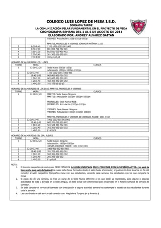 COLEGIO LUIS LOPEZ DE MESA I.E.D.
                                                 JORNADA TARDE
                            LA COMUNICACIÓN PILAR FUNDAMENTAL EN EL PROYECTO DE VIDA
                                 CRONOGRAMA SEMANA DEL 1 AL 6 DE AGOSTO DE 2011
                                     ELABORADO POR: ANDREY ALVAREZ GAITAN
                                         VIERNES: Articulación 1103jt-1101jt-1003jt

                                         MARTES, MIERCOLES Y VIERNES JORNADA MAÑANA: 1101
         2              6:20-6:40        1102-1001-1002-901-902
         3              6:40-7:00        801-802-701-702-601
         4              7:00-7:20        602-501-502-401-402
         5              7:20-7:40        301-302-201-202-101
         6              7:40-8:10        102-p1-p2-p3

HORARIO DE ALMUERZOS LOS: LUNES
   TURNO            HORA                                                                  CURSOS
     1          12:00-12:20    Sede Nueva 1003jt-1103jt
                               Articulación 1001jm-1003jm-1101jm
     2       12:20-12:40       1101-1102-1001-1002-901
     3           12:40-1:00    902-801-802-701-702
     4            1:00-1:20    601-602-501-502-401
     5            1:20:1:40    402-301-302-201-202
     6            1:40-2:10    101-102-p1-p2-p3

HORARIO DE ALMUERZOS DE LOS DIAS: MARTES, MIERCOLES Y VIERNES
   TURNO          HORA                                                                    CURSOS
     1         12:00-12:20     MARTES: Sede Nueva Ninguno
                               MARTES: Articulación 1103jm-1002jm-1001jm

                                         MIERCOLES: Sede Nueva 903jt
                                         MIERCOLES: Articulación 1102jm-1103jm

                                         VIERNES: Sede Nueva: Ninguno
                                         VIERNES: Articulación 1101jm-1102jm-1003jm

                                         MARTES, MIERCOLES Y VIERNES DE JORNADA TARDE: 1101-1102
         2         12:20-12:40           1001-1002-901-902-801
         3            12:40-1:00         802-701-702-601-602
         4             1:00-1:20         501-502-401-402-301
         5             1:20:1:40         302-201-202-101-102
         6             1:40-2:10         P1-P2-P3

HORARIO DE ALMUERZOS DEL DIA: JUEVES
   TURNO            HORA                                                                  CURSOS
     1          12:00-12:20     Sede Nueva: Ninguno
                                Articulación: 1002jm-1003jm
                                JUEVES JORNADA TARDE: 1101-1102-1001
     2       12:20-12:40        1002-901-902-801-802
     3           12:40-1:00     701-702-601-602-501
     4            1:00-1:20     502-401-402-301-302
     5            1:20:1:40     201-202-101-102
     6            1:40-2:10     P1-p2-p3

NOTA:
   1.        El docente respectivo de cada curso DEBE ESTAR EN LA HORA INDICADA EN EL COMEDOR CON SUS ESTUDIANTES, (no será la
             hora en la que sale del salón) los cuales debe llevar formados desde el salón hasta el comedor; e igualmente debe llevarlos en fila del
             comedor al salón respectivo. Compartirá mesa con sus estudiantes, variando cada semana, los estudiantes con los que comparte la
             mesa.
    2.       Si algún día de una semana, se trae un curso de la Sede Nueva diferente a los que están ya registrados, para alguna o algunas
             actividades de toda la jornada en la sede antigua, se debe avisar con anterioridad para incluirlo(s) en el horario semanal de servicio de
             comedor.
    3.       Se debe cancelar el servicio de comedor con anticipación si alguna actividad semanal no contempla la estadía de los estudiantes durante
             toda la jornada.
    4.       Las coordinadoras del servicio del comedor son: Magdalena Tunjano jm y Amanda jt
 
