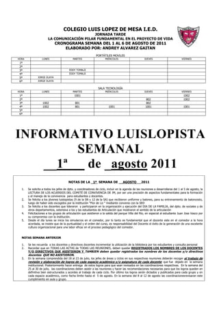 COLEGIO LUIS LOPEZ DE MESA I.E.D.
                                            JORNADA TARDE
                       LA COMUNICACIÓN PILAR FUNDAMENTAL EN EL PROYECTO DE VIDA
                             CRONOGRAMA SEMANA DEL 1 AL 6 DE AGOSTO DE 2011
                                 ELABORADO POR: ANDREY ALVAREZ GAITAN
                                                              PORTÁTILES MOVILES
HORA              LUNES                    MARTES                     MIÉRCOLES                       JUEVES                        VIERNES
 1ª
 2ª
 3ª                                     EDDY TOMALÁ
 4ª                                     EDDY TOMALÁ
 5ª            JORGE OLAYA
 6ª            JORGE OLAYA

                                                                SALA TECNOLOGÍA
HORA              LUNES                    MARTES                     MIÉRCOLES                       JUEVES                        VIERNES
 1ª                                         1001                                                                                      1002
 2ª                                                                                                    802                            1002
 3ª               1002                       801                                                       802
 4ª               1002                       801                        1001                           1001                           1001
 5ª
 6ª




INFORMATIVO LUISLOPISTA
         SEMANAL
    __1ª  de _agosto 2011
                                        NOTAS DE LA _1ª SEMANA DE __AGOSTO                         2011

  1.   Se solicita a todos los jefes de dpto. y coordinadores de ciclo, incluir en la agenda de las reuniones a desarrollarse del 1 al 5 de agosto, la
       LECTURA DE LOS ACUERDOS DEL COMITÉ DE CONVIVENCIA DE JM, por ser una precisión de aspectos fundamentales para la formación
       y el manejo de la convivencia para estudiantes y docentes.
  2.   Se felicita a los jóvenes luislopistas (9 de la SN y 12 de la SA) que recibieron uniforme y balones, para su entrenamiento de baloncesto,
       luego de haber sido escogidos por la institución “Flor de Liz “ mediante convenio con la SED
  3.   Se felicita a los docentes que lideraron y participaron en la organización y ejecución del DIA DE LA FAMILIA, del dpto. de sociales y de
       otros departamentos, extensiva a los y las estudiantes de Articulación que mostraron el sentido de la articulación
  4.   Felicitaciones a los grupos de articulación que asistieron a la salida del parque Villa del Rio, en especial al estudiante Juan Jose Vasco por
       su compromiso con la institución.
  5.   Desde el día lunes se inicia los simulacros en el comedor, por lo tanto es fundamental que el docente este en el comedor a la hora
       acordada, se insiste que de la puntualidad y el orden del curso, es responsabilidad del Docente el éxito de la generación de una excelente
       cultura organizacional para una labor eficaz en el proceso pedagógico del comedor.


  NOTAS SEMANA ANTERIOR

  1.   Se les recuerda a los docentes y directivos docentes incrementar la utilización de la biblioteca por los estudiantes y consulta personal
  2.   Recordar que en TODAS LAS ACTAS de TODAS LAS REUNIONES, deben quedar REGISTRADOS LOS NOMBRES DE LOS DOCENTES
       Y/O DIRECTIVOS QUE ASISTIERON Y TAMBIEN deben quedar registrados los nombres de los docentes y/o directivos
       docentes QUE NO ASISTIERON.
  3.   En la semana comprendida del 18 al 23 de julio, los jefes de áreas y ciclos en sus respectivas reuniones deberán recoger el trabajo de
       revisión y elaboración de logros de cada espacio académico y/o asignatura de cada docente; que fue dejado en la semana
       institucional. Posteriormente hacer entrega de estos logros para que sean revisados en las coordinaciones respectivas. En la semana del
       25 al 30 de julio, las coordinaciones deben asistir a las reuniones y hacer las recomendaciones necesarias para que los logros queden en
       definitiva bien estructurados y acordes al trabajo de cada ciclo. Por último los logros serán dictados y publicados para cada grupo y en
       cada espacio académico, como fecha límite hasta el 5 de agosto. En la semana del 8 al 12 de agosto las coordinacionesrevisaran este
       cumplimiento en aula y grupo.
 