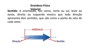 Sentido: A orientação, tais como, norte ou sul, leste ou
oeste, direita ou esquerda mostra que toda direção
apresenta dois sentidos, que são como a ponta da seta de
cada vetor.
Grandeza Física
Vetorial
 