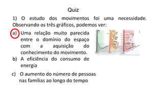 Quiz
1) O estudo dos movimentos foi uma necessidade.
Observando os três gráficos, podemos ver:
a) Uma relação muito parecida
entre o domínio do espaço
com a aquisição do
conhecimento do movimento.
b) A eficiência do consumo de
energia
c) O aumento do número de pessoas
nas famílias ao longo do tempo
 