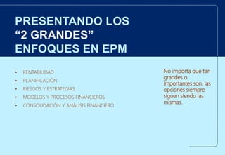 En colaboración con
Client or
Partner logo
1DOCUMENT TITLE
© Copyright Asher Solutions LLC All Rights Reserved
PRESENTANDO LOS
“2 GRANDES”
ENFOQUES EN EPM
Consulting.
No importa que tan
grandes o
importantes son, las
opciones siempre
siguen siendo las
mismas.
• RENTABILIDAD
• PLANIFICACIÓN
• RIESGOS Y ESTRATEGIAS
• MODELOS Y PROCESOS FINANCIEROS
• CONSOLIDACIÓN Y ANÁLISIS FINANCIERO
 