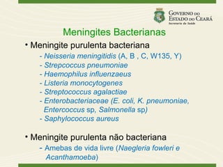 Meningites Bacterianas
• Meningite purulenta bacteriana
    - Neisseria meningitidis (A, B , C, W135, Y)
    - Strepcoccus pneumoniae
    - Haemophilus influenzaeus
    - Listeria monocytogenes
    - Streptococcus agalactiae
    - Enterobacteriaceae (E. coli, K. pneumoniae,
      Entercoccus sp, Salmonella sp)
    - Saphylococcus aureus

• Meningite purulenta não bacteriana
   - Amebas de vida livre (Naegleria fowleri e
      Acanthamoeba)
 
