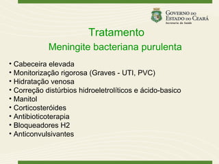 Tratamento
            Meningite bacteriana purulenta
• Cabeceira elevada
• Monitorização rigorosa (Graves - UTI, PVC)
• Hidratação venosa
• Correção distúrbios hidroeletrolíticos e ácido-basico
• Manitol
• Corticosteróides
• Antibioticoterapia
• Bloqueadores H2
• Anticonvulsivantes
 