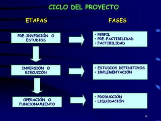CICLO DEL PROYECTO

   ETAPAS                    FASES

PRE-INVERSIÓN O        • PERFIL
    ESTUDIOS           • PRE-FACTIBILIDAD
                       • FACTIBILIDAD




 INVERSIÓN O           • ESTUDIOS DEFINITIVOS
  EJECUCIÒN            • IMPLEMENTACIÓN




                       • PRODUCCIÓN
  OPERACIÓN O          • LIQUIDACIÓN
FUNCIONAMIENTO


                                                28
 