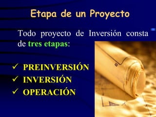 Etapa de un Proyecto

 Todo proyecto de Inversión consta
 de tres etapas:

 PREINVERSIÓN
 INVERSIÓN
 OPERACIÓN

                               29
 