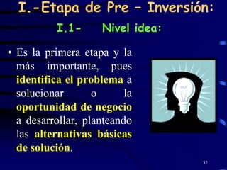 I.-Etapa de Pre – Inversión:
           I.1-      Nivel idea:

• Es la primera etapa y la
  más importante, pues
  identifica el problema a
  solucionar       o      la
  oportunidad de negocio
  a desarrollar, planteando
  las alternativas básicas
  de solución.
                                   32
 