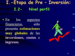 I.-Etapa de Pre – Inversión:
       I.2-      Nivel perfil

• En     los    aspectos
  financieros,      sólo
  presenta estimaciones
  muy globales de las
  inversiones, costos e
  ingresos.

                                34
 