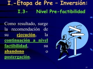 I.-Etapa de Pre – Inversión:
      I.3-     Nivel Pre-factibilidad

Como resultado, surge
la recomendación de
su     ejecución,  la
continuación a nivel
factibilidad,      su
abandono            o
postergación.

                                        37
 