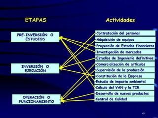 ETAPAS               Actividades

PRE-INVERSIÓN O   •Contratación del personal
    ESTUDIOS      •Adquisición de equipos
                  •Proyección de Estados financieros
                  •Investigación de mercados
                  •Estudios de Ingeniería definitivos
                  •Comercialización de artículos
 INVERSIÓN O
  EJECUCIÒN       •Supervisión de la producción
                  •Constitución de la Empresa
                  •Estudio de impacto ambiental
                  •Cálculo del VAN y la TIR
                  •Desarrollo de nuevos productos
  OPERACIÓN O     •Control de Calidad
FUNCIONAMIENTO


                                                45
 