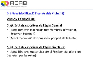 3.1 Nova Modificació Estatuts dels Clubs (III) OPCIONS PELS CLUBS: Si    Entitats esportives de Règim General Junta Directiva mínima de tres membres  (President,  Tresorer, Secretari) Acord d’admissió de nous socis, per part de la Junta. SI    Entitats esportives de Règim Simplificat Junta Directiva substituïda per el President (ajudat d’un  Secretari per les Actes) 