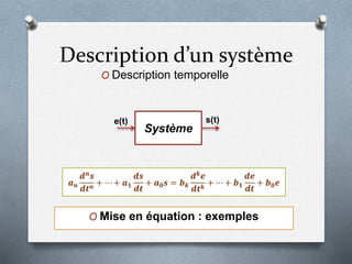 Description d’un système
O Description temporelle
Système
e(t) s(t)
𝒂 𝒏
𝒅 𝒏
𝒔
𝒅𝒕 𝒏
+ ⋯ + 𝒂 𝟏
𝒅𝒔
𝒅𝒕
+ 𝒂 𝟎 𝒔 = 𝒃 𝒌
𝒅 𝒌
𝒆
𝒅𝒕 𝒌
+ ⋯ + 𝒃 𝟏
𝒅𝒆
𝒅𝒕
+ 𝒃 𝟎 𝒆
O Mise en équation : exemples
 